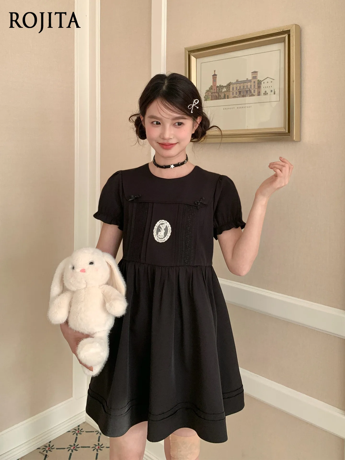 Retro Bubble Sleeve Jk Original Design Japanese Black Lace Dress Women's Summer Sweet Cool Wind A-line Dress Women Clothing