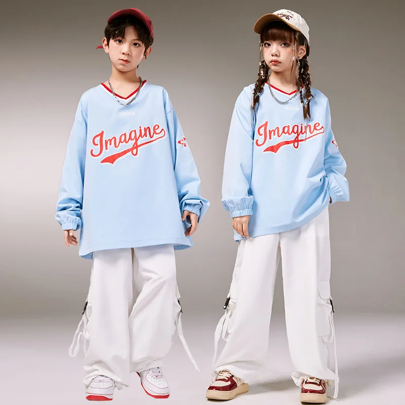 Children Hip Hop Dance Costumes For Kids Blue Shirts Loose Pants Suit Girls Jazz Modern Dance Clothes Boys Streetwear