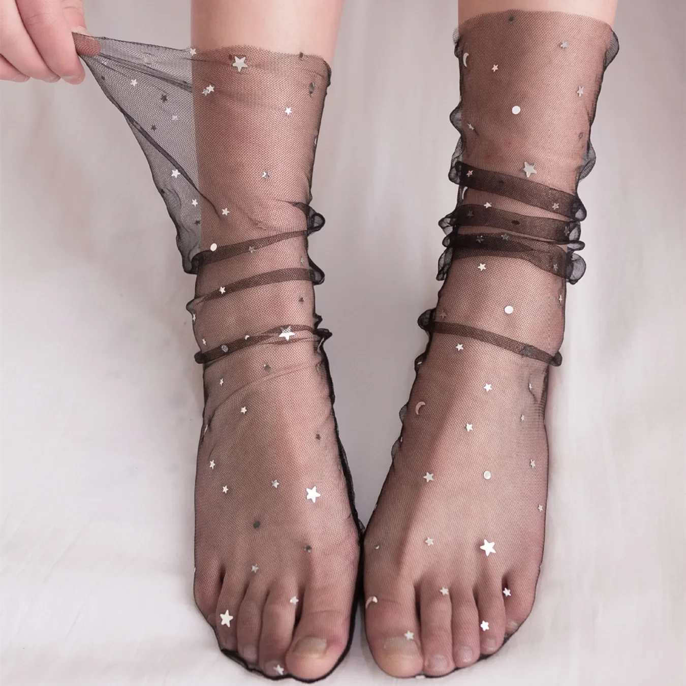 Women See Through Transparent Socks Colorful Star Summer Ultra-thin Nylon Loose Long Socks Girls Sweet Girls Mesh Lace Socks Sox