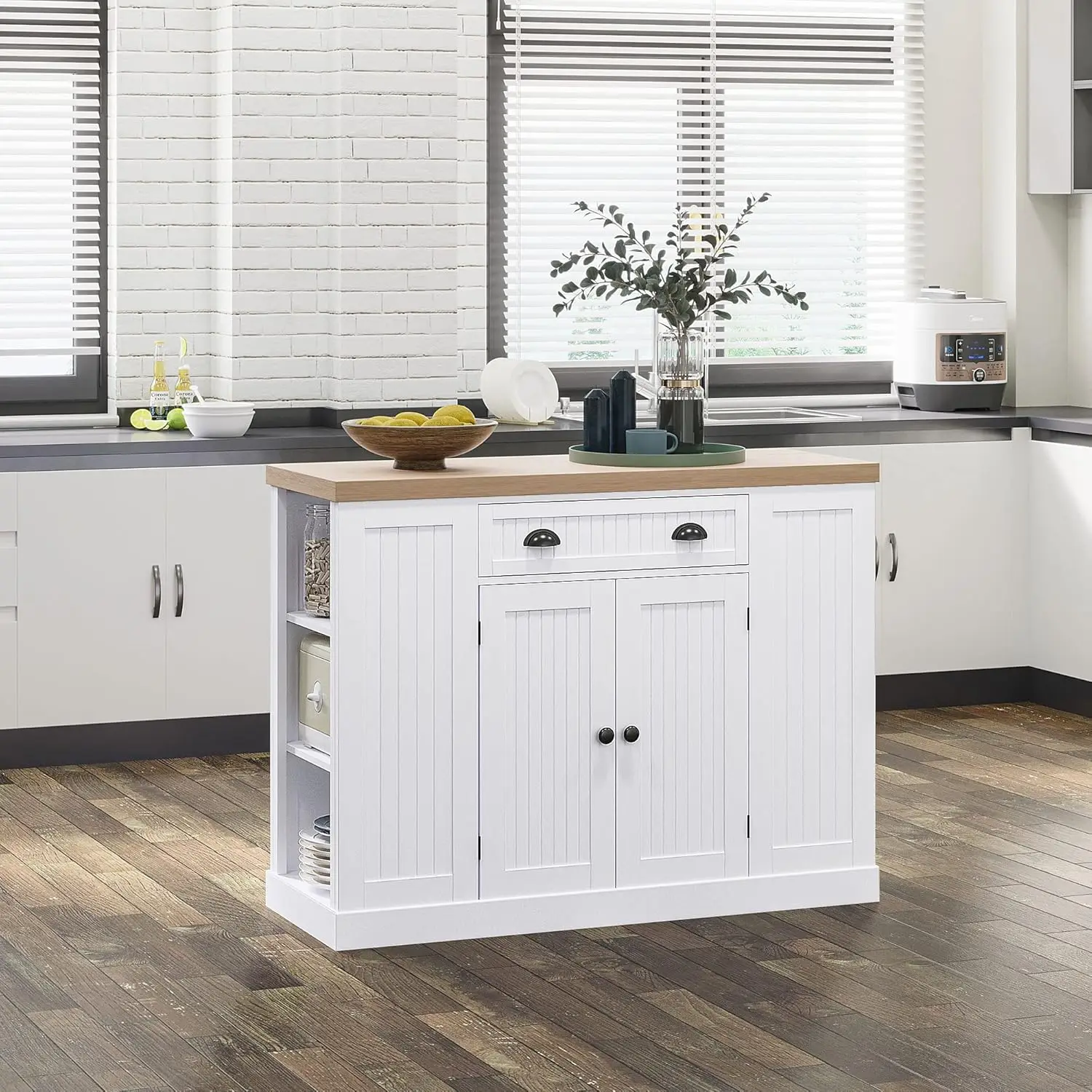 Fluted-Style Wooden Kitchen Island, Storage Cabinet W/Drawer, Open Shelving, And Interior Shelving For Dining Room, White