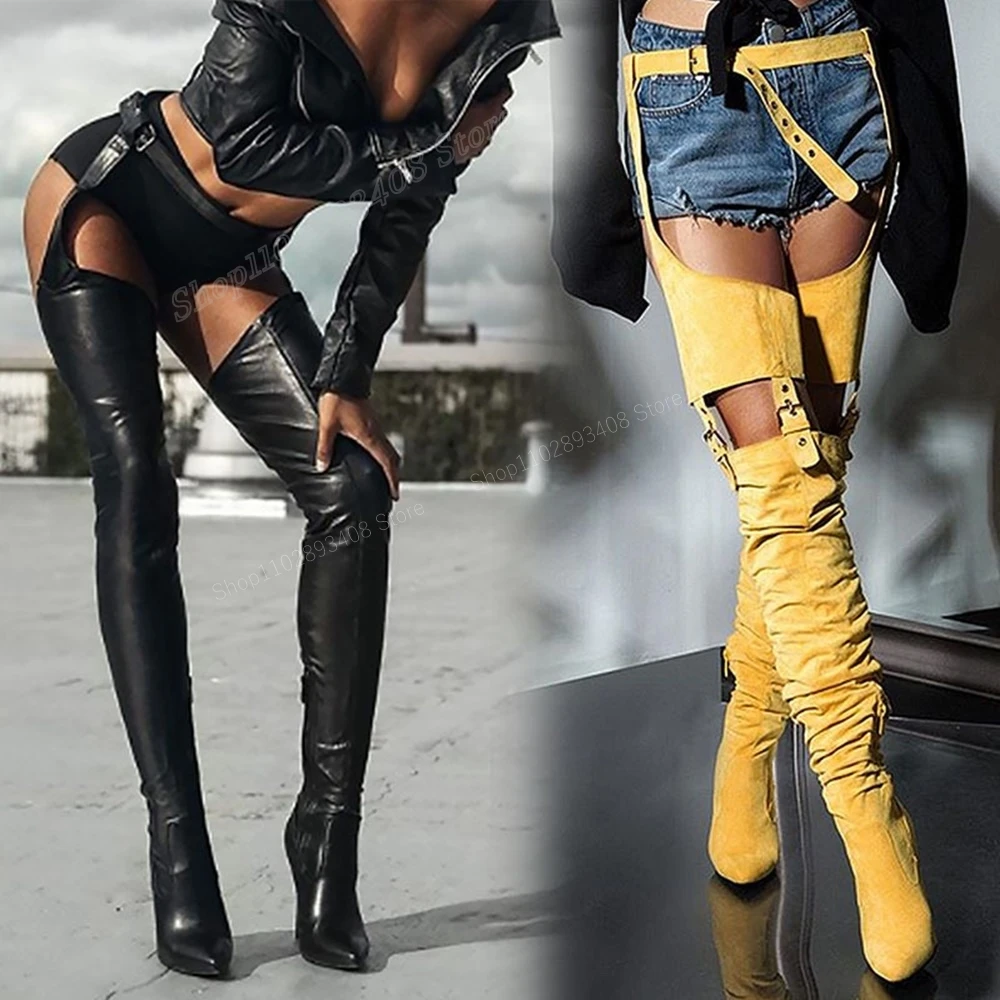 

Black Thigh High Pants Boots Stone Pattern Blet Decor Pointed Toe Stiletto High Heel Women Shoes 2023 Sexy Zapatos Para Mujere