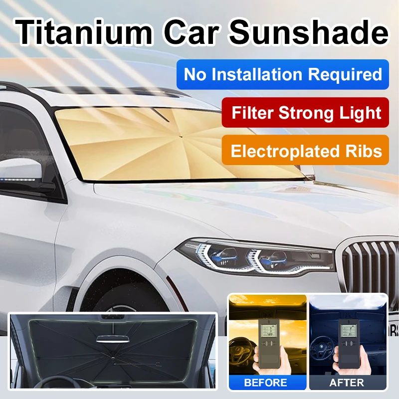 Titanium Coated Car Sunshade Thick V Shaped Opening Front Windshield Curved Handle Universal Auto Sun Shield Car Accessories