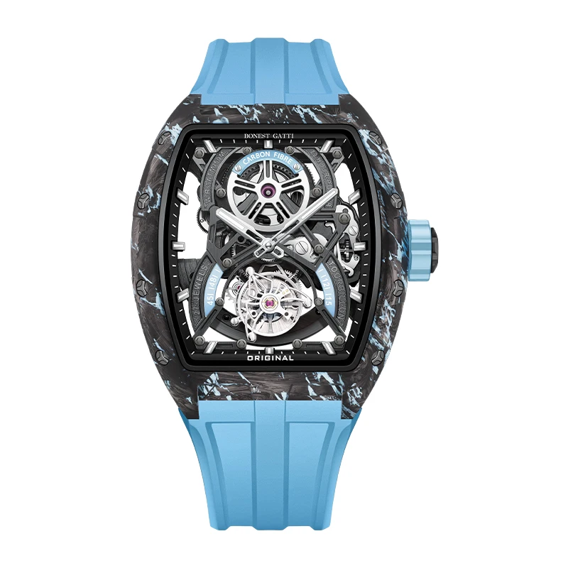 

BONEST GATTI Men Automatic Watch Tourbillon Tonneau Mechanical Wristwatch Carbon Fiber Case Rubber Strap Watches For Men