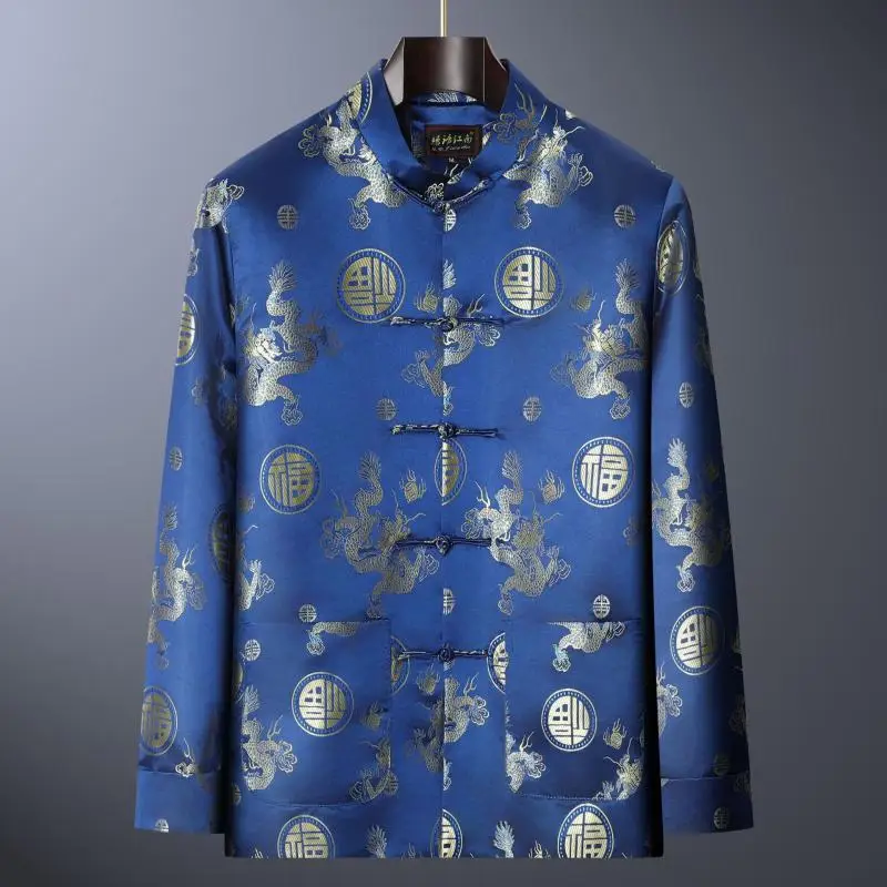 Men's Traditional Tang Suit Jacket Mandarin Collar Satin Coat Gold Dragon & Fu Symbol Print, Retro Chinese Ethnic Style Top