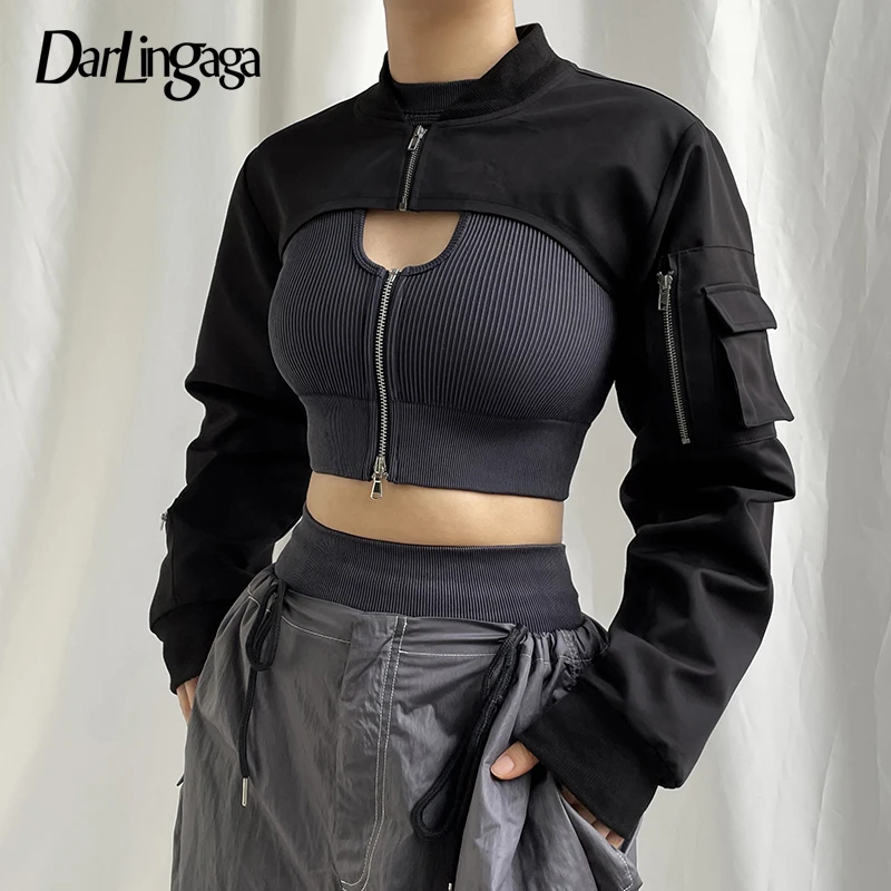 Darlingaga Streetwear Cargo Style Black Spring Autumn Jacket Women Smock Zip Up Coat Super Short Pockets Hip Hop Outwear Jackets