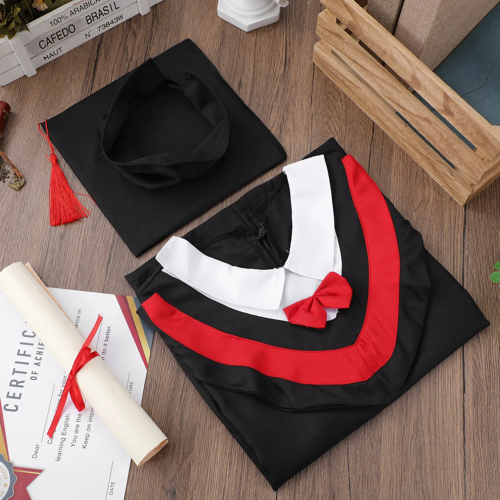 1Pcs Kids Graduation Gown Red Breathable Graduation Costume Set Tassel School Kids Academic Celebration Photography Performance