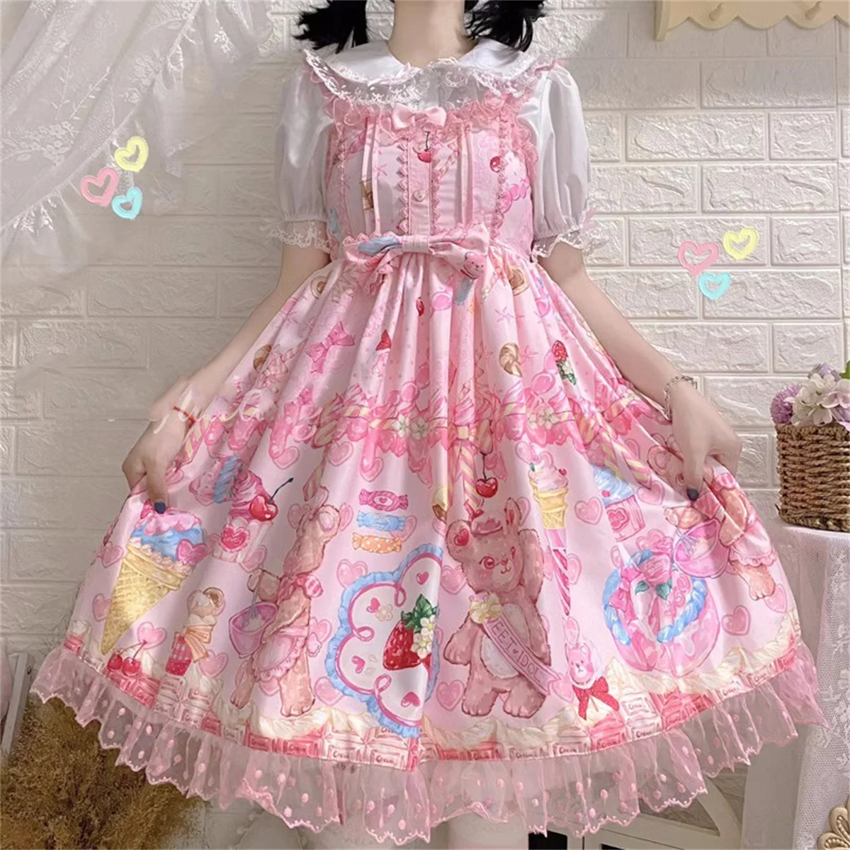 Japanische süße Art kawaii loli lolita jsk Mädchen cosplay niedlichen Druck Bär Erdbeeren Eis Punkt Spitze Rüschen Kleid