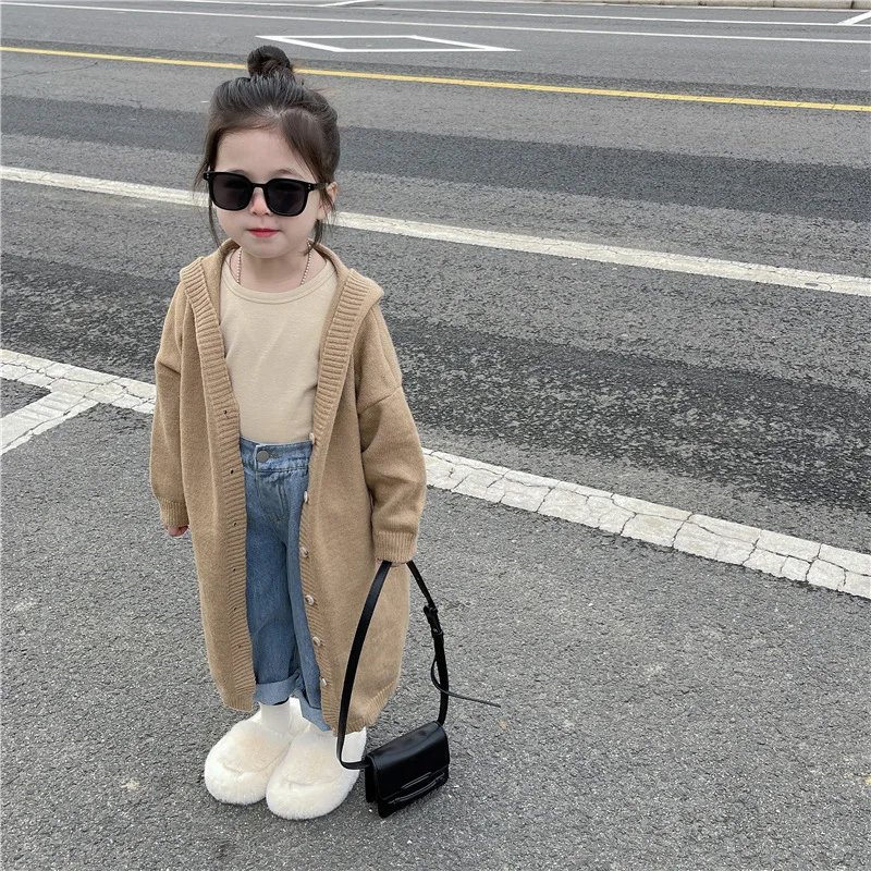 Girls Sweater Coat Children\'s Hooded Knitted Cardigan Spring Autumn Long Jacket Kids Baby Outerwear 2024 New Casual Clothes