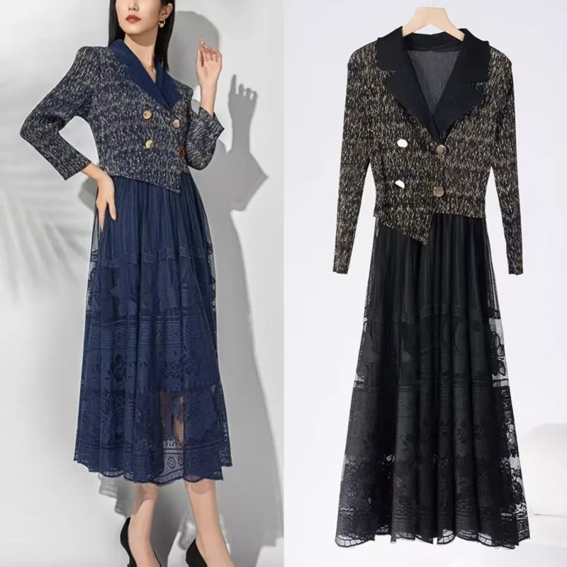 

Плиссированные платья Miyake, новинка 2025 года, костюм с воротником и длинными рукавами, складное платье, темперамент, большие размеры, тонкий костюм с воротником, плиссированная юбка