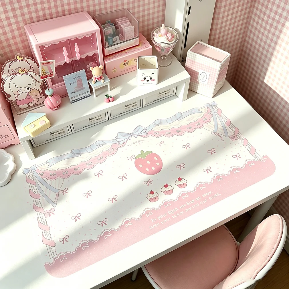 Leather Desk Pad Protector Y2k Pink Strawberry Cake Bow Lace Polka Dots Mouse Pad Office Desk Mat Non-Slip PU Desk Blotter Pad