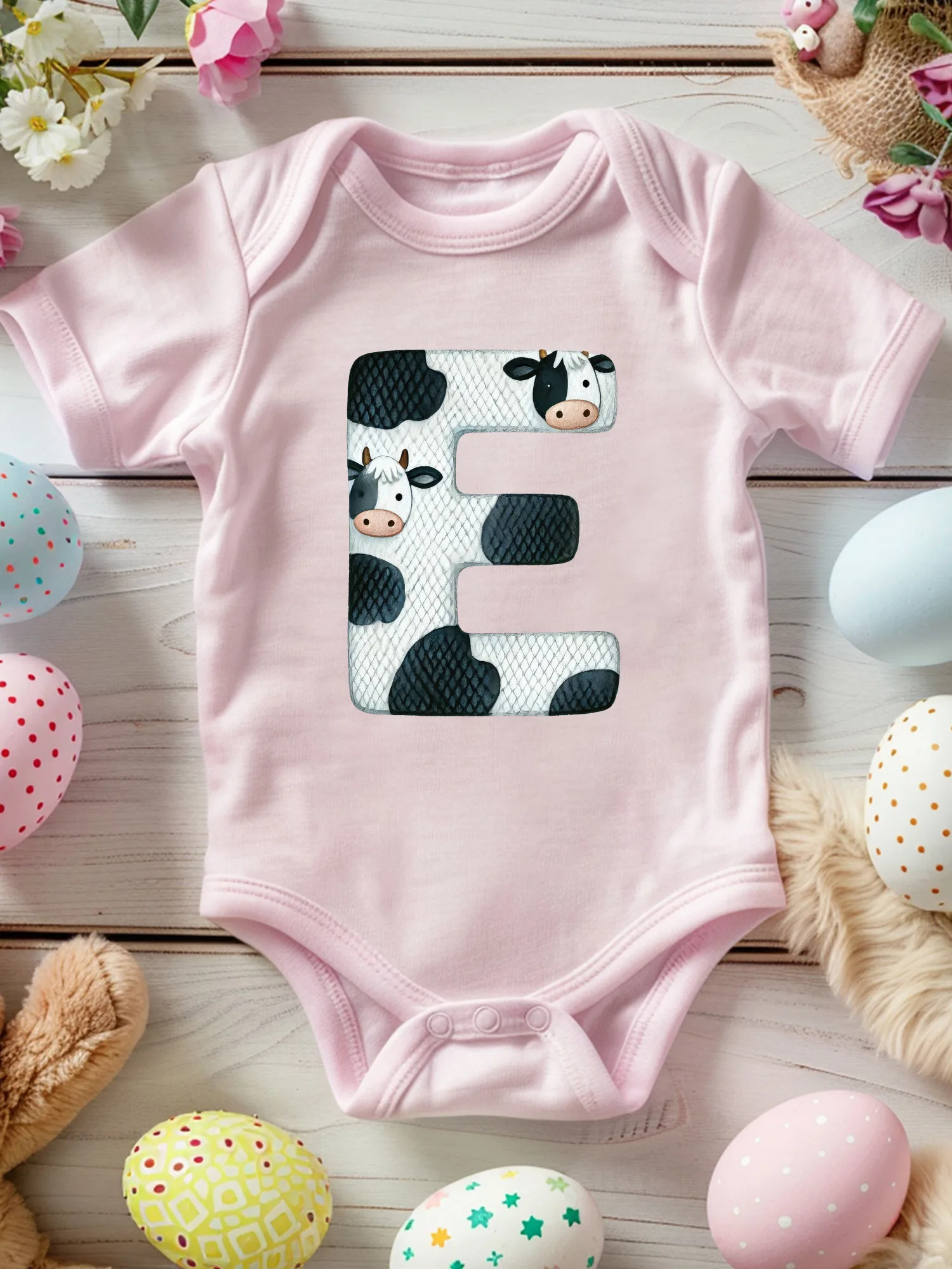 

Cute Cow Font E Unisex Baby Crawling Suit, 100% Cotton Soft Onesie, All-Season Wear Pink Bodysuit 190GSM