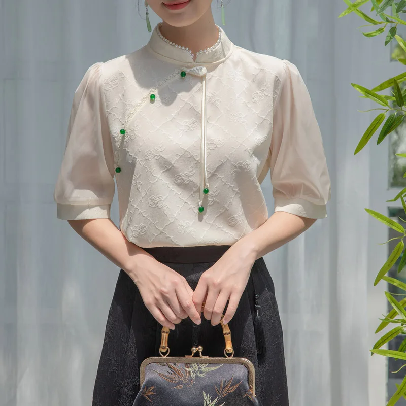 Women Clothing Vintage Elegant Chinese Style Embroidery Blouses Summer New Fashion Stand Collar Solid Color Tops Chic Pullovers