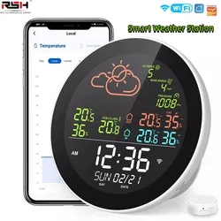 Tuya New Screen Smart Wifi Weather Station Digital Sensor Temperature Humidity Showing Time Calendar UV Alarm Clock App Control