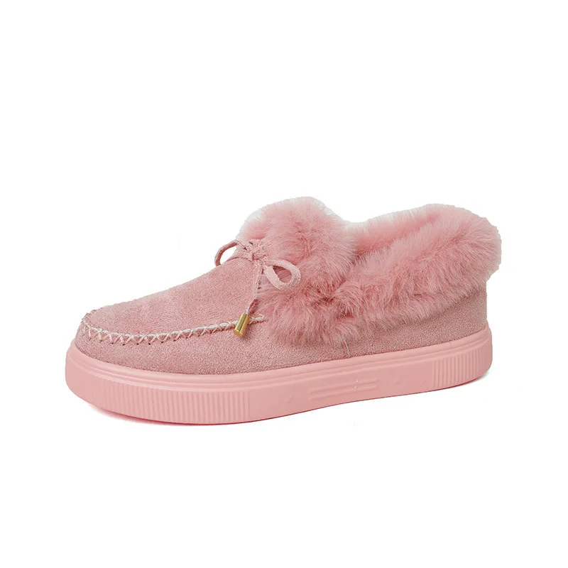 Damen Warme Slipper mit Plüschbesatz, Kunstwildleder-Schleifendekoration, Dicke Gummisohle, Rutschfest, Winterliche Freizeitschuhe für den Alltag, Flache Damenschuhe – Detail 5