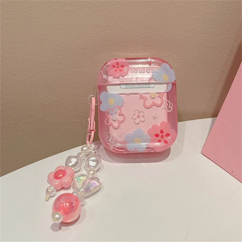 Cute 3D Flower Pink Headphones Case For AirPods 1 2 3 With Love Heart Bead Pendant Protective Shell Soft Cover For AirPods Pro 2