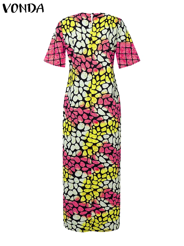 VONDA 보헤미안 여름 롱 드레스 여성 빈티지 짧은 소매 Maxi Sundress 2025 캐주얼 프린트 패치 워크 비치 베스 티드 오버 사이즈
