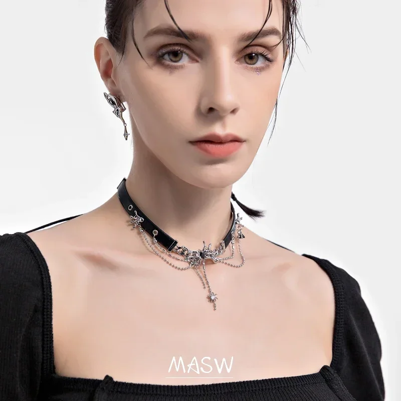 MASW Cool Style Black Suede Necklace 2024 New Trend Silver Plated Chain Tassel Spider Web Cobwebs Choker Necklace Women Jewelry