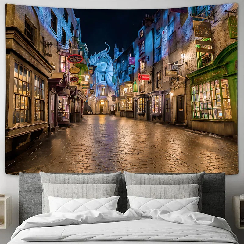 Diagon Alley Night View – Romantic Magical Atmosphere Decorative Fabric for Bedroom or Living Room Feature Wall