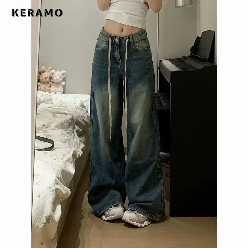 Harajuku Vintage Drawstring High Waist Loose Jeans 2023 Autumn Pants Winter Women\'s Y2K Wide Leg Baggy Streetwear Denim Trouser