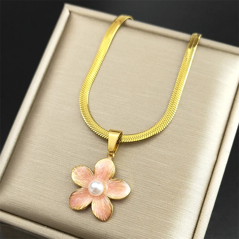 Korean Fashion Rosa Sakura Emaille Blume Perle Halskette Halsband für Frauen Edelstahl Gold Farbe Halsketten Schmuck NZZZ407S04 – Detail 5