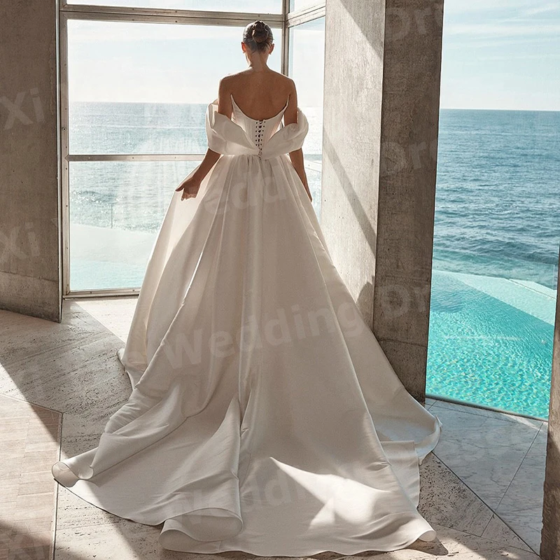 

Simple Satin A Line Women's Wedding Dresses Off Shoulder Vestidos De Novias De Boda Bride Gowns Customized Sleeveless Vestidos