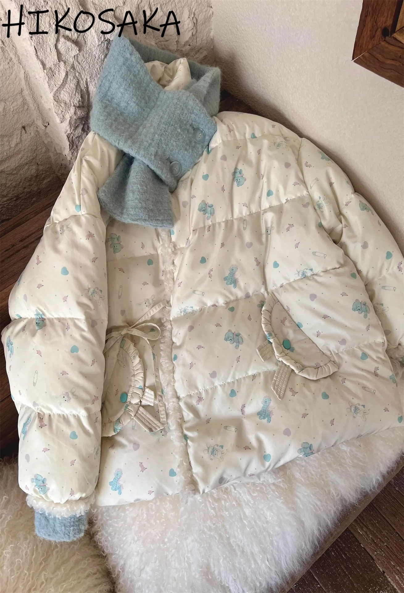 

Kawaii женские парки с принтом медведя, зимние милые искусственные толстые теплые стеганые куртки из двух предметов с шарфом, свободная повседневная верхняя одежда