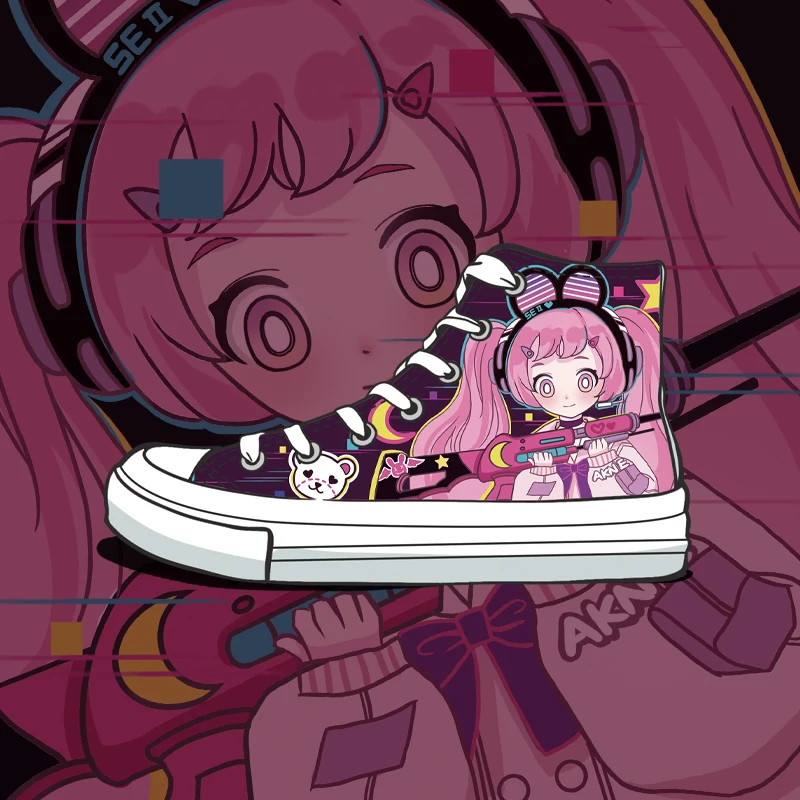 Amy e michael doce meninas estudantes alta superior tênis atlético graffiti anime sapatos de lona casuais linda mulher vulcanizar sapatos