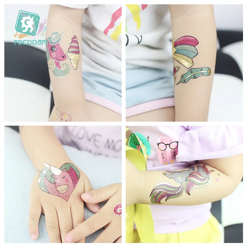 Simpatici adesivi per tatuaggi temporanei impermeabili con trasferimento d\'acqua arcobaleno unicorno dorato per tatuaggi finti regalo per bambini