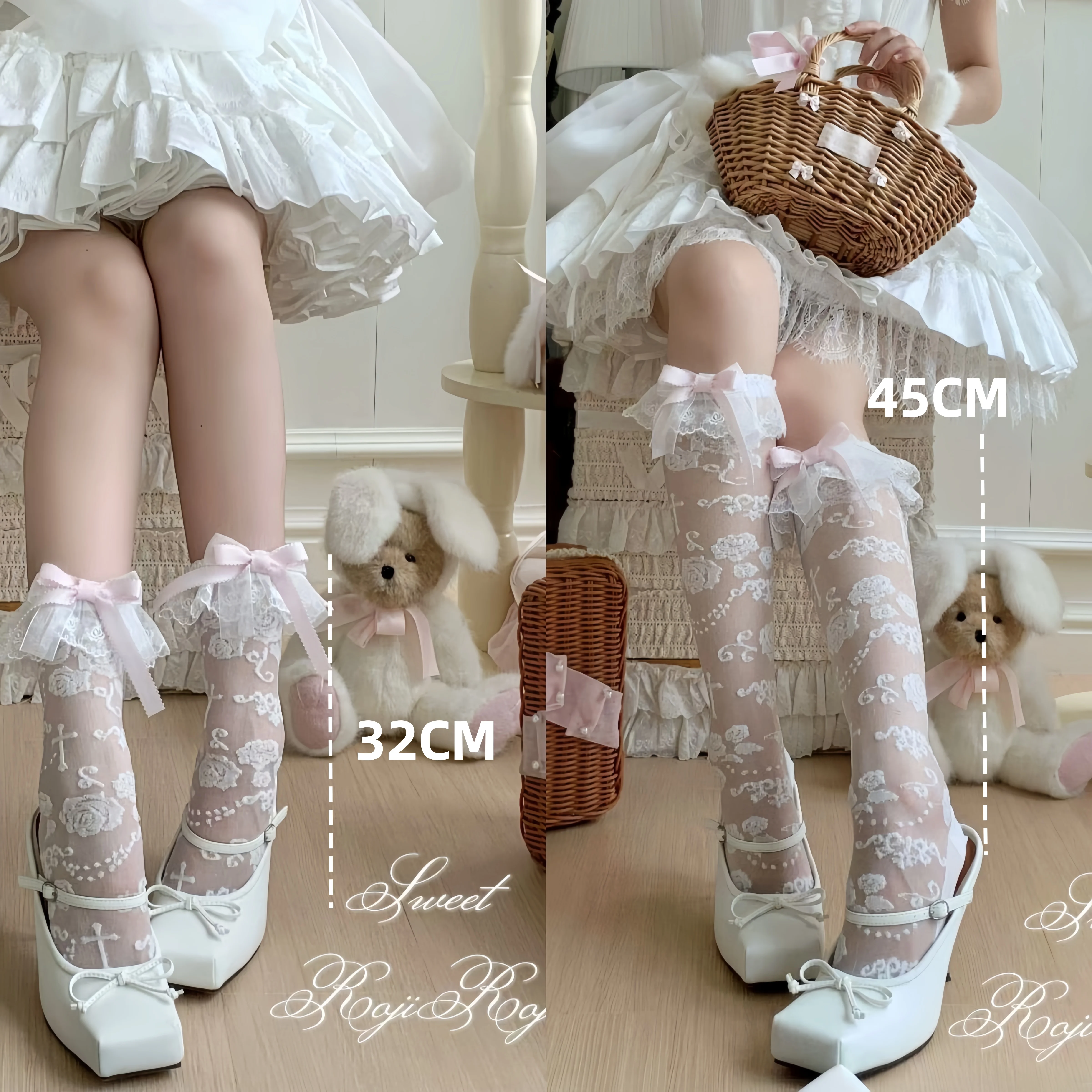 Original JK Wrapped Rose Lolita Stockings Summer Mid-calf Sheer Glass Silk Socks Japanese KC Harajuku Lace Bow Short Socks