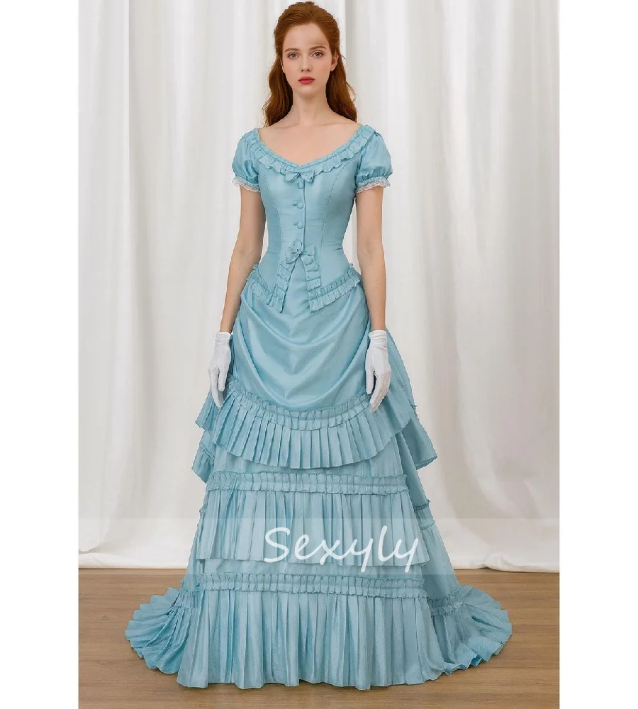 

Historical Marie Antoinette Blue Evening Dress Ruffles Satin Medieval Bustle Prom Dress Short Sleeve Baroque Party Customized