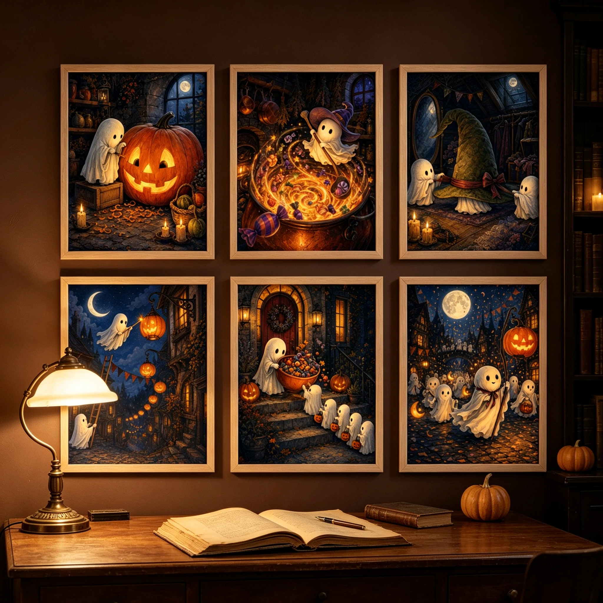 Cute Ghost Halloween Wall Art Retro Dark Fairy Tale Pumpkin Moon Poster Canvas Prints Home Living Room Halloween Decor Unframe