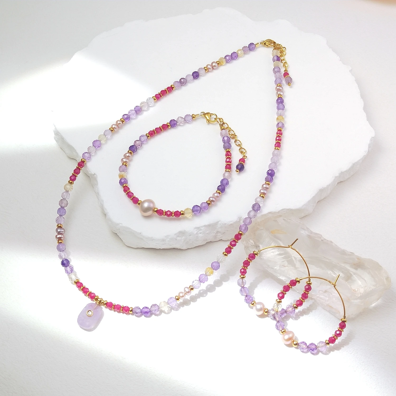 Lii Ji Ametrine 4mm Freshwater Pearl Lab-Created Ruby 3mm Facted Beads Necklace 40+3cm / Bracelet 17+3cm / Hoop Earrings