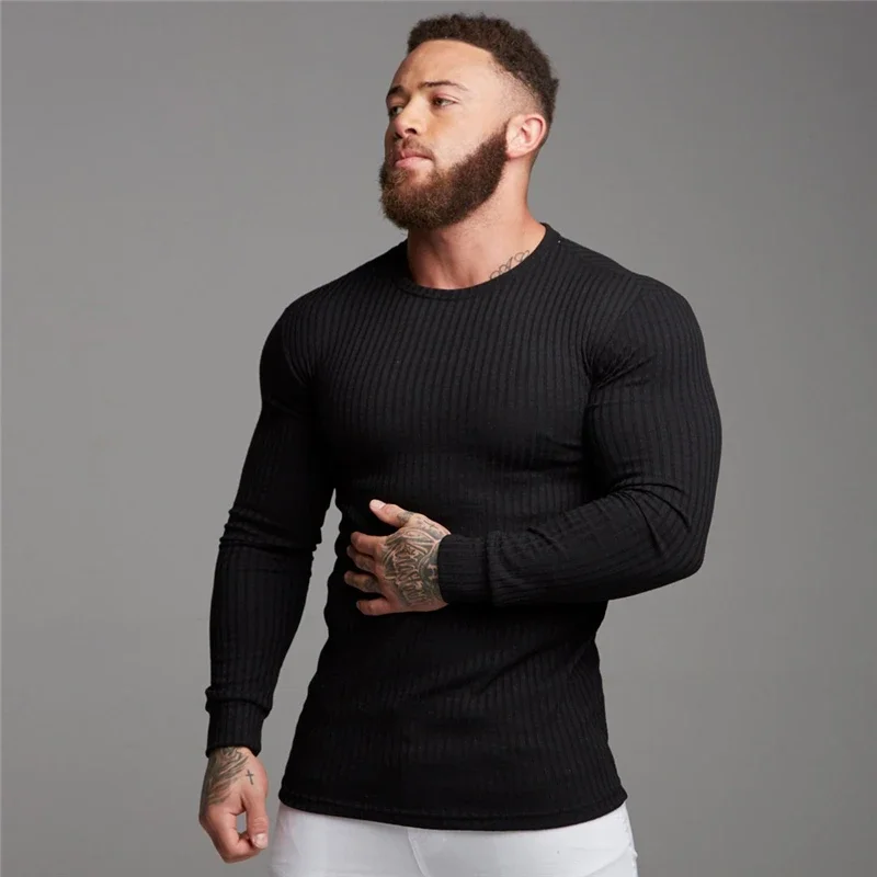 2023 Autumn Fashion Men\'s T-shirt Sweater O-Neck Slim Fit Knittwear Mens Long Sleeve Pullovers Tshirts Men Fitness Pull Homme