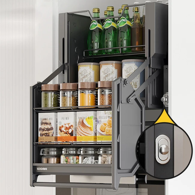 Goldmine Kitchen Cabinet Vertical Elevator Pull Down Shelf Lifting Seasoning Basket Multifunctional Pantry Storage Lift Rack