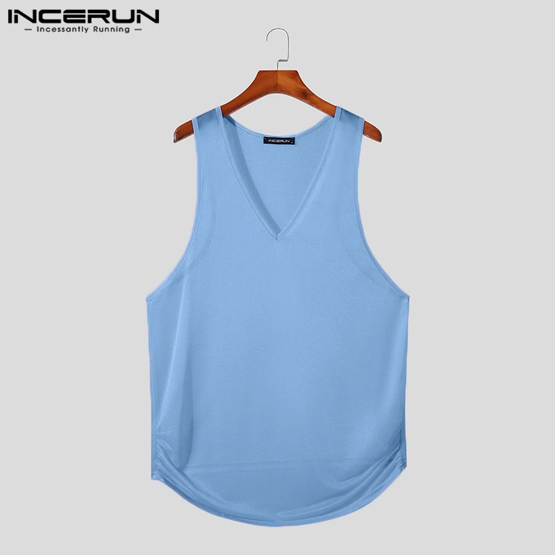 INCERUN Men Tank Tops Mesh Transparent V Neck Sleeveless Sexy Male Vests Summer Streetwear 2024 Solid Color Fashion Men Clothing