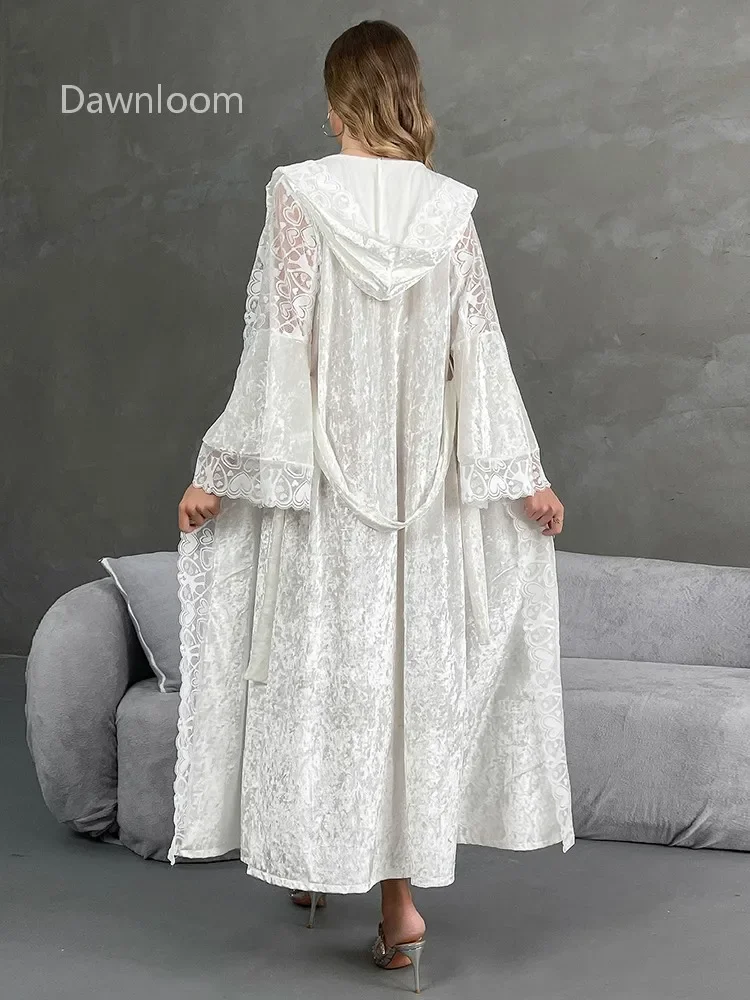 Dawnloom Women's White Lace Nightgown with Heart-Shaped Hood Long Trumpet Sleeves Drawstrings Sexy Home Wear