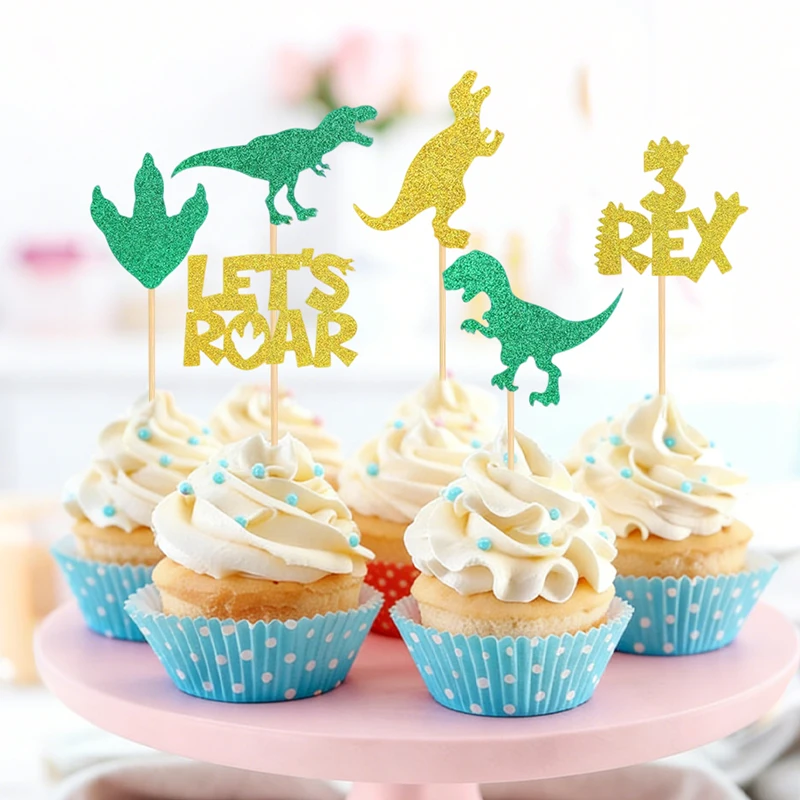 YOMDID 24 Stück Niedliche Dinosaurier-Cupcake-Topper Glitzer-Dino-Kuchendekorationen für Dritte Geburtstagsfeier und Baby-Shower