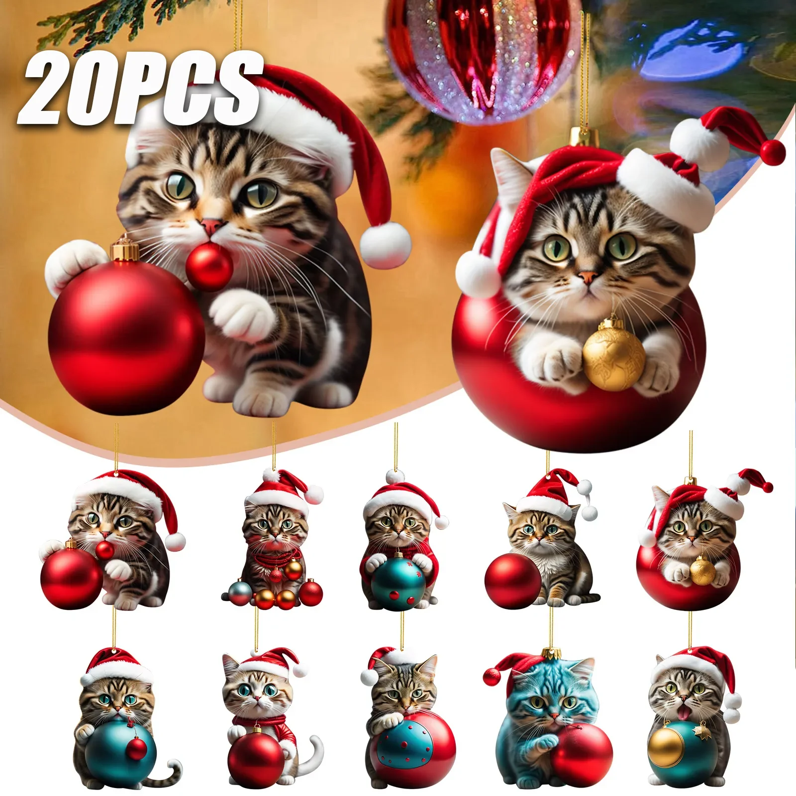 20PC Christmas Hat Cat Charms Christmas Tree Hanging Charms Car Car Charms Ornaments Christmas Party Supplies Outdoor Decoration