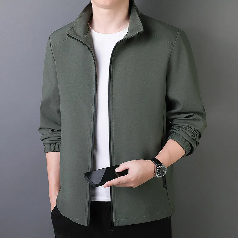 Men Stand Collar Zip Up Jacket Long Sleeve Elastic Cuff Casual Solid Outerwear Daily Wear Coat