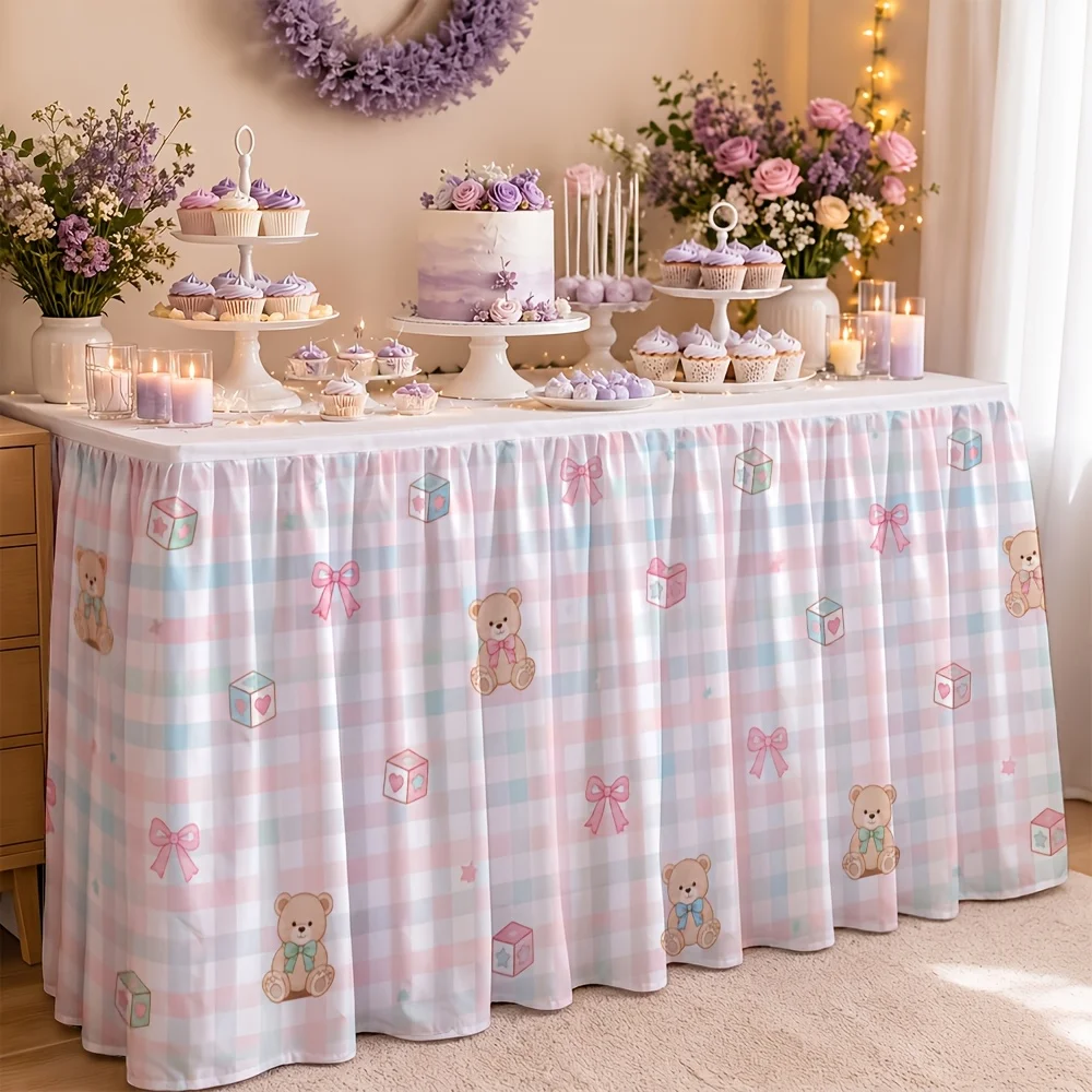 1 tablecloth table skirt, light checked bear pattern