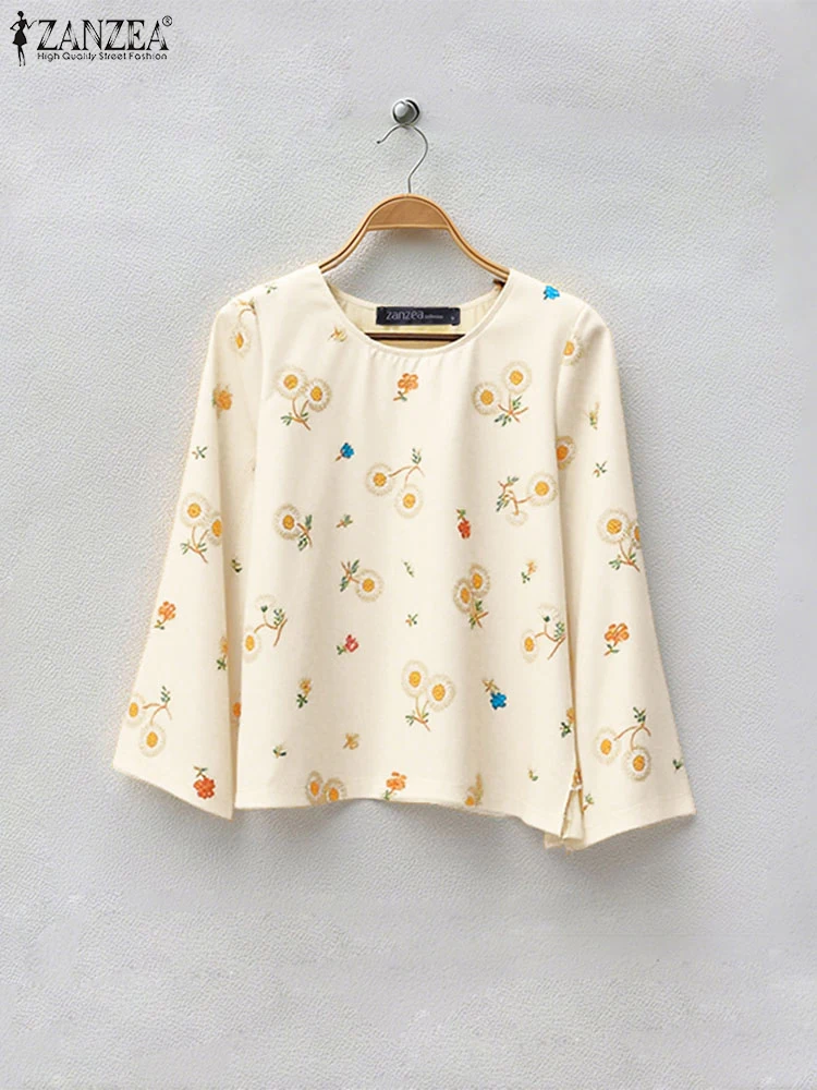 

Женские блузки с цветочным принтом, осень 202, повседневные топы с круглым вырезом и длинными рукавами с боковым разрезом ZANZEA, повседневная женская одежда 3XL
