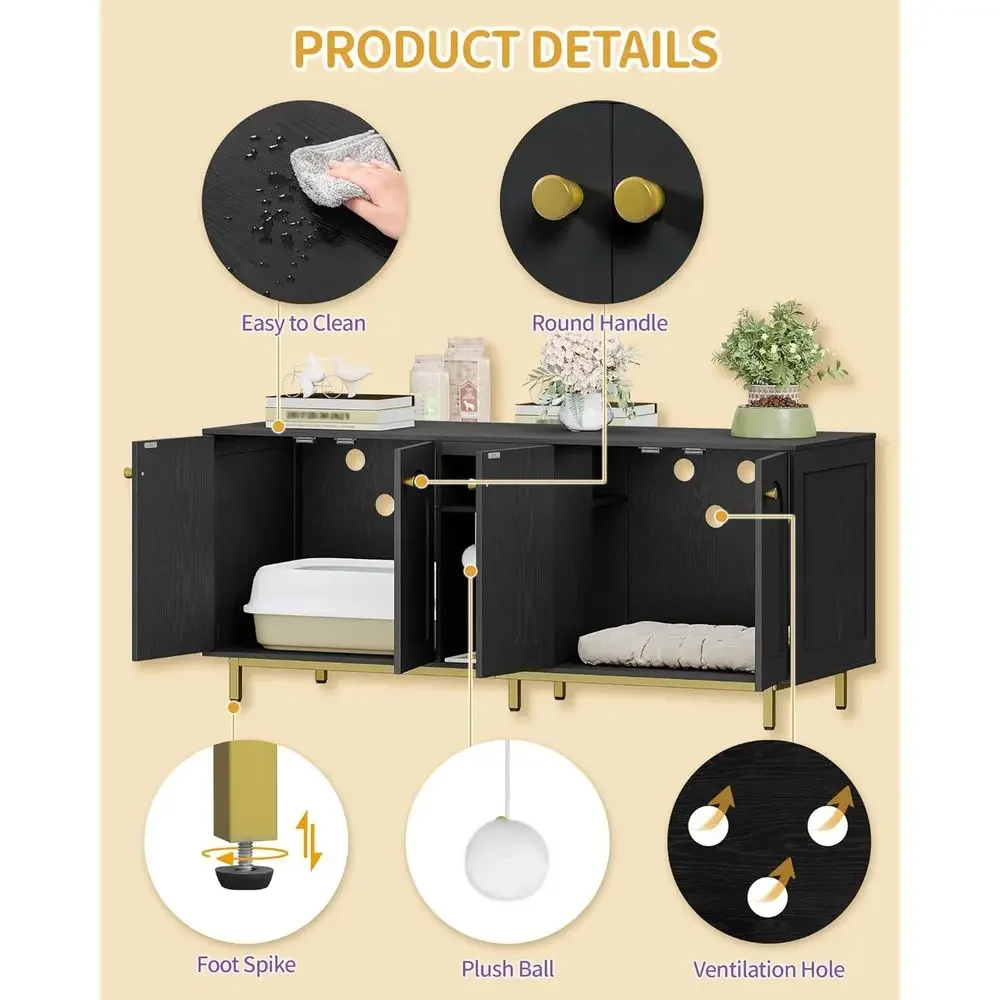 Wooden Cat Litter Box Enclosure, Dual-Cat Side Table, Storage Cabinet Bench for Living/Bedroom, 55.2x20x23.9, Black & Gold - view 4