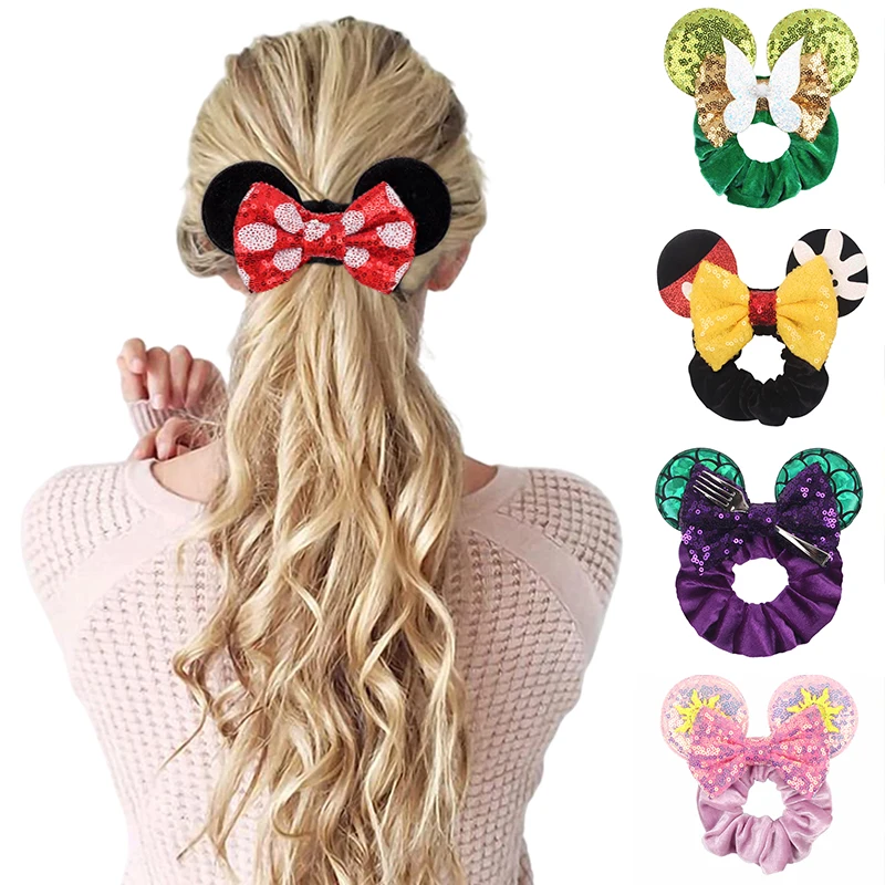 Disney Mouse Ears Velvet Scrunchies Hairband Women Elastic Ponytail Holder Girls Sequin Bow 2023 Kids Party DIY Hair Accessories