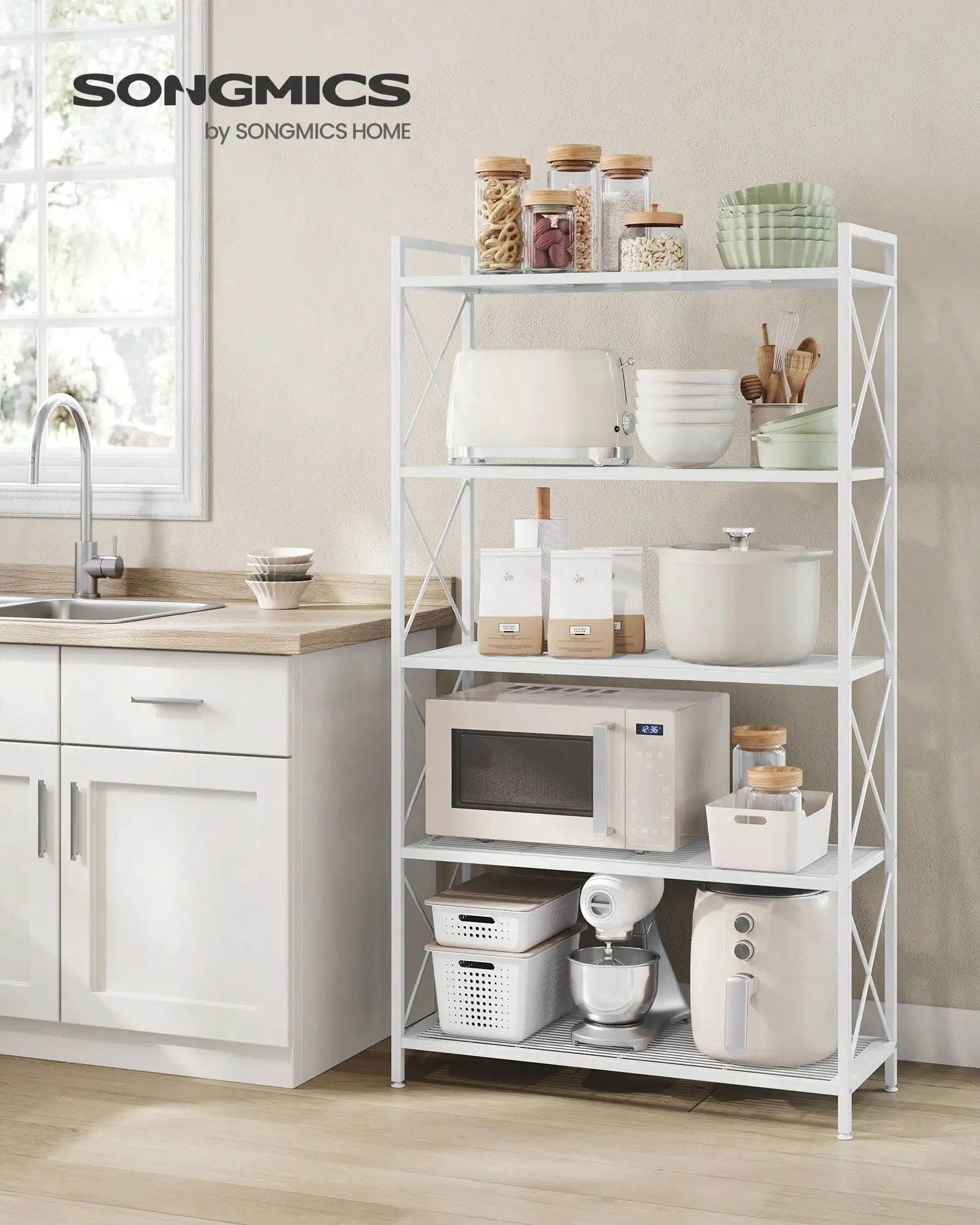 SONGMICS 5-Tier Metal Storage Shelves, Kitchen Organization And Storage Rack,Shelf Organizer, Shelving Unit With X SideFrames, Dense Mesh, Sturdy And Durable, 12.6 X 31.5 X 57.3 Inches, For Entryway, Kitchen, Living Room, Bathroom, Industrial Style, White