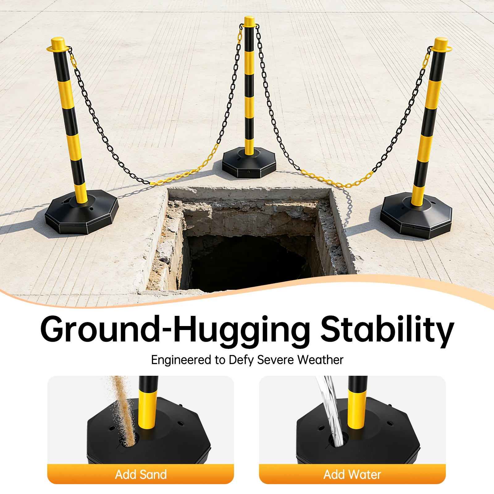 حزام حبل الحواجز دعامة السلامة 6 أعمدة 5x2 متر سلسلة 10 S خطاف ارتفاع قابل للتعديل 24 34 "أسود أصفر سياج التحكم في الحشود