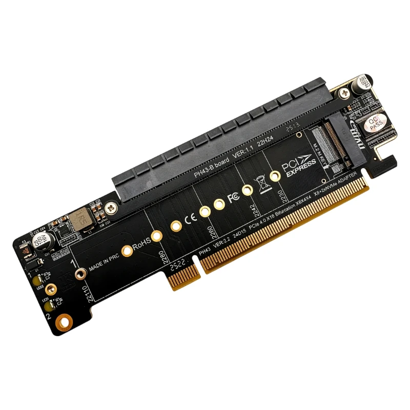 PCIe 4.0 X16 to X8+X4+X4 Bifurcation Splitter Card PCI‑Express X16 to X16 Slot + Dual M.2 NVMe M‑Key SSD Adapter Gen4 Riser Card