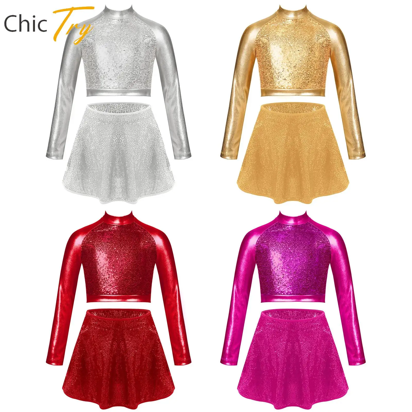 

New Girls Jazz Latin Dance Performance Costume Long Sleeve Front Sequin Crop Top+Shiny Sequins Skirt Sets Street Dancing Costume