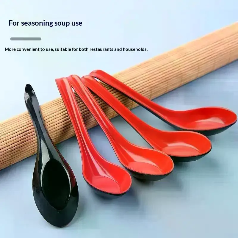 2PCS Long Handle Japanese Ramen Spoons Drop Resistant Melamine Red Black for Portable Travel Picnic Soup Serving