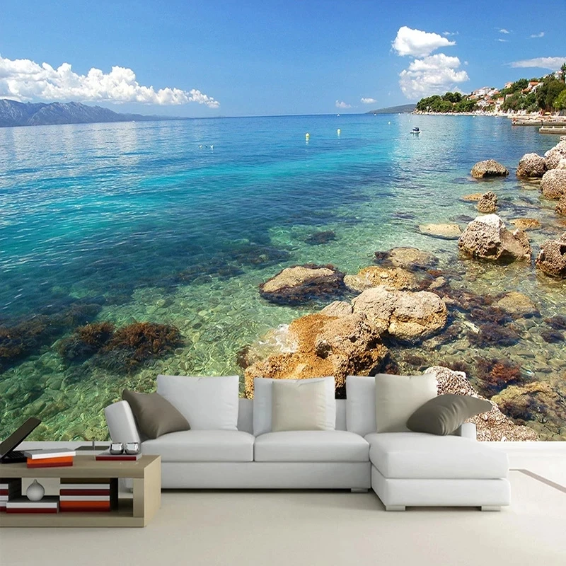 Customized Wallpaper 3D Seaside Landscape Stone Mural reef Ocean Blue Sky Living room sofa TV background wall bedroom restaurant
