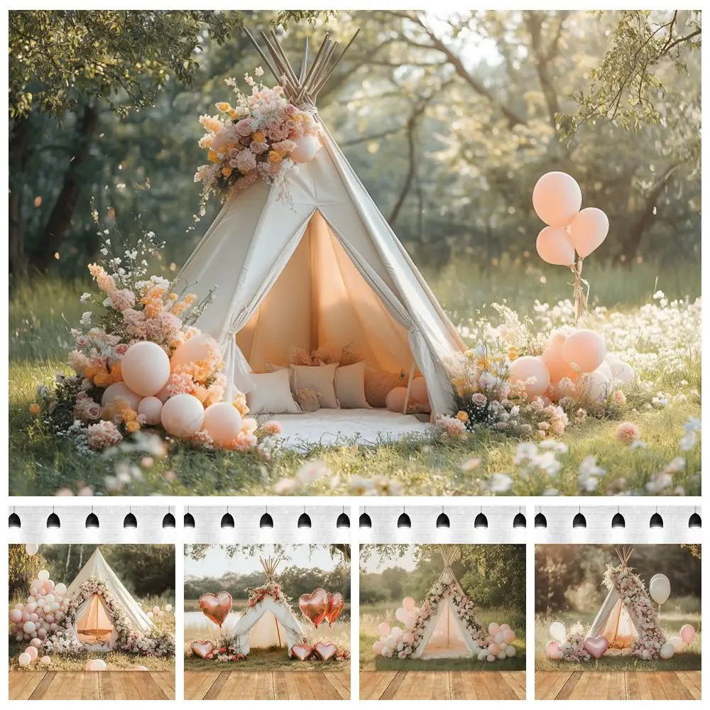 

Spring Outdoor Tent Backdrop Flowers Balloons Nature Scenery Grass Baby Kids Birthday Party Photography Background Photostudio